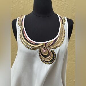 Trina Turk White Tank Top with Multicolor Embellished Neckline